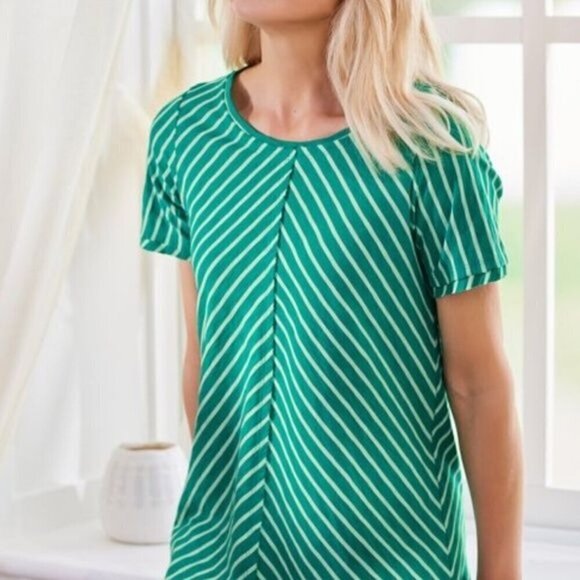 Soft Surroundings NWT Indra Stripe Tee Size Petite Medium Green Stripe Raw Edges - Picture 2 of 10